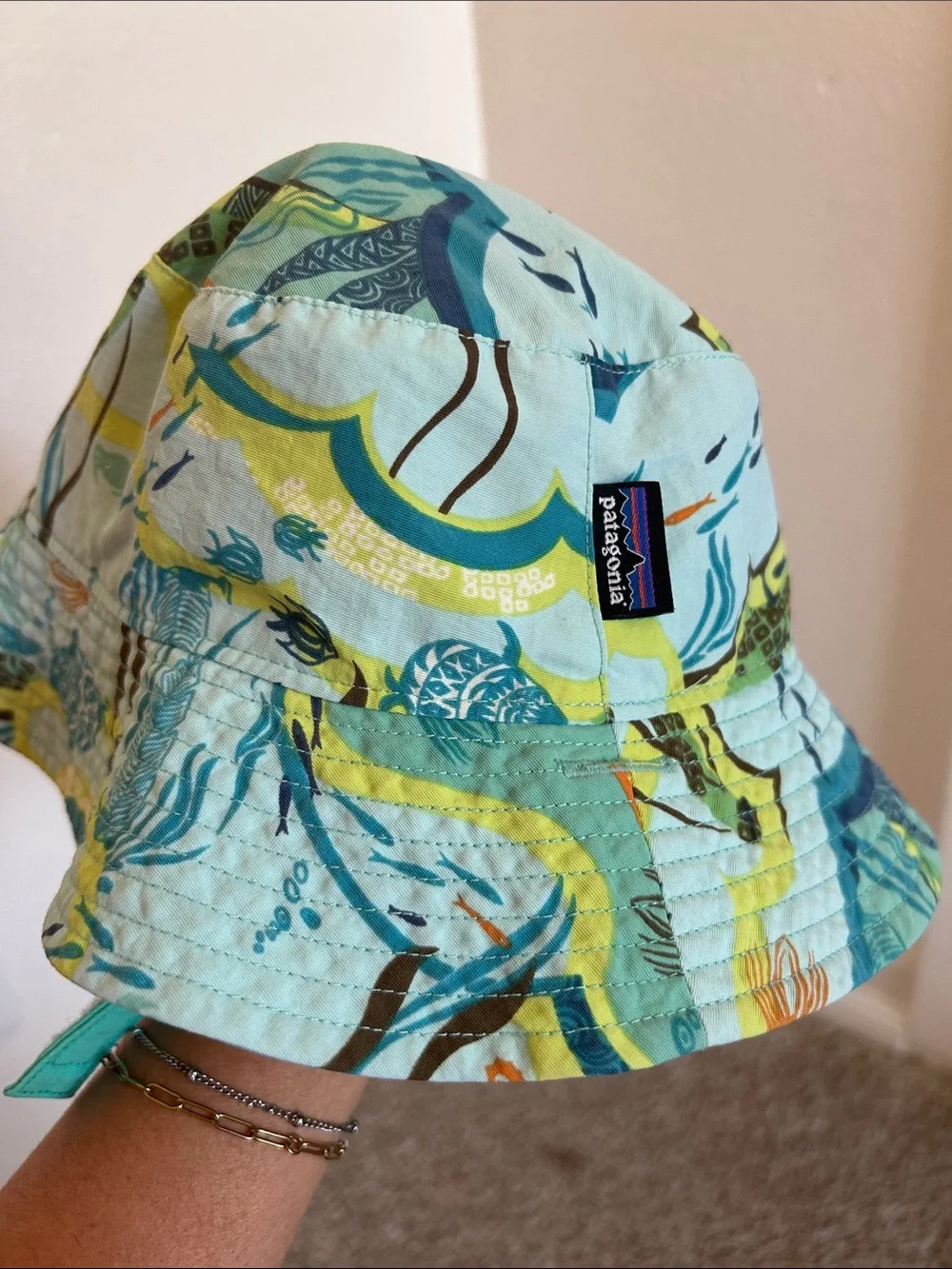 Patagonia Kids' Teal and Yellow Ocean-Print Bucket Hat